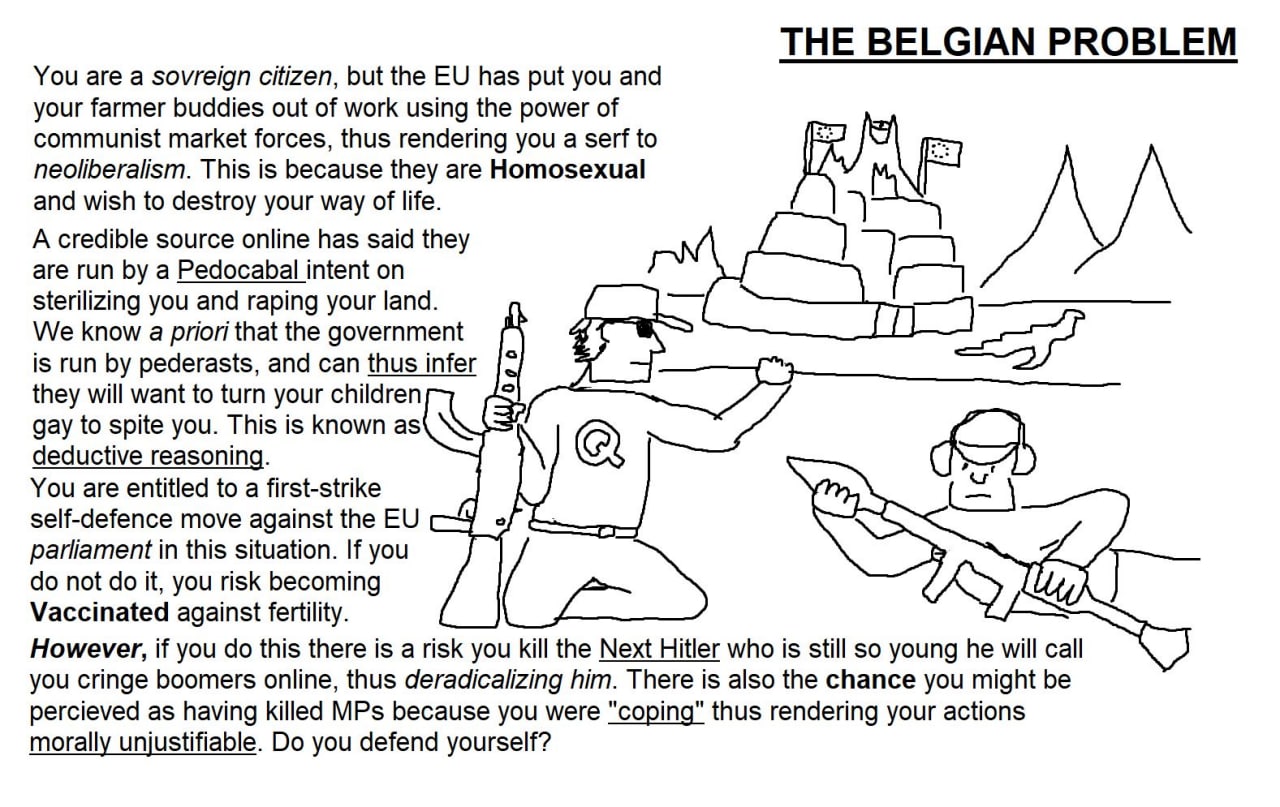THE BELGIAN PROBLEM You are a sovreign citizen, but the has put you and your farmer buddies out of work using the power of communist market forces, thus rendering you a serf to neoliberalism. This is 