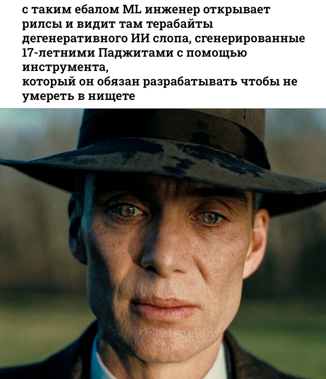 с таким ебалом инженер открывает рилсы и видит там терабайты дегенеративного слопа, сгенерированные 17-летними Паджитами с помощью инструмента, который он обязан разрабатывать чтобы не умереть в нищет