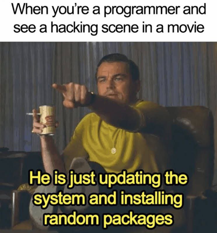 When you're a programmer and see a hacking scene in a movie He is just updating the system and installing random packages