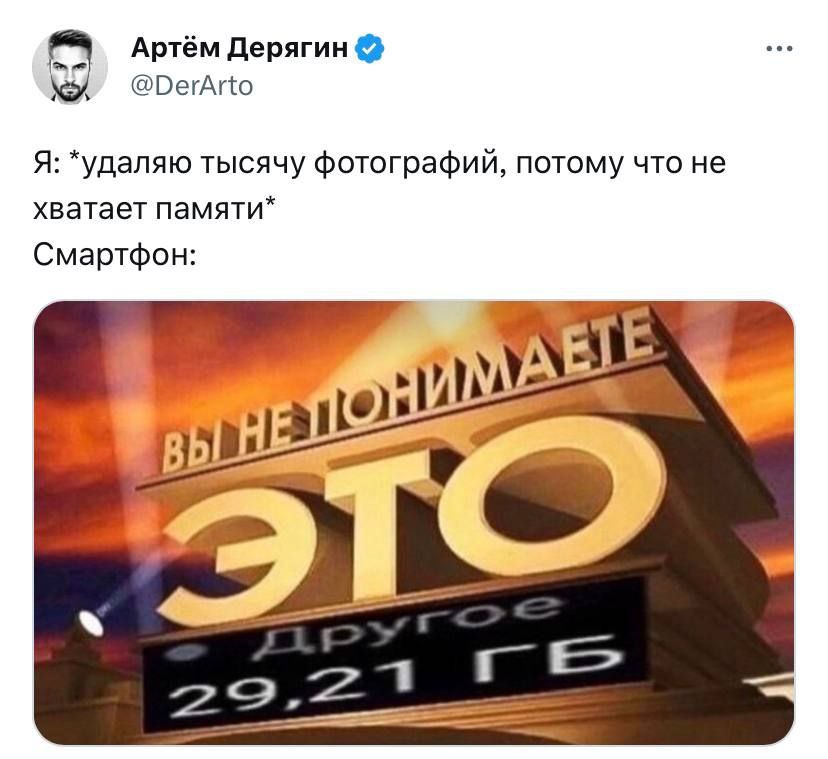Артём Дерягин @DerArto Я: *удаляю тысячу фотографий, потому что He хватает памяти* Смартфон: ЕЕ НИМ