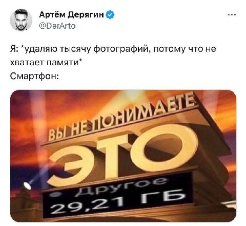 Артём Дерягин @DerArto Я: *удаляю тысячу фотографий, потому что He хватает памяти* Смартфон: ЕЕ НИМ