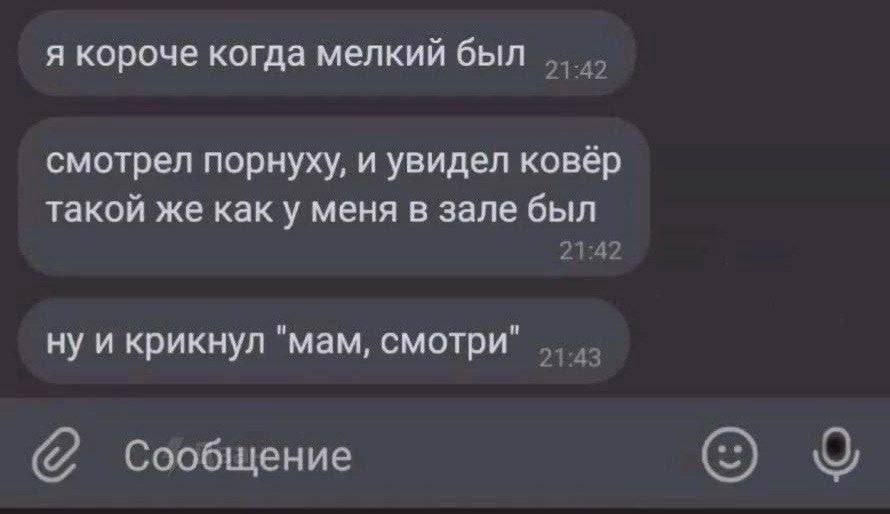 я короче когда мелкий был 21:42 смотрел порнуху, и увидел ковёр такой же как у меня в зале был 21:42 ну и крикнул "мам, смотри" Сообщение