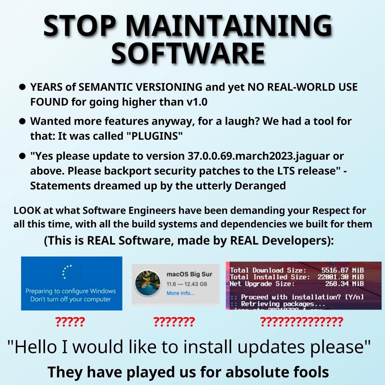YEARS of SEMANTIC VERSIONING and yet NO REAL-WORLD USE FOUND for going higher than Wanted more features anyway, for a laugh? We had a tool for that: It was called "PLUGINS" "Yes please update to versi