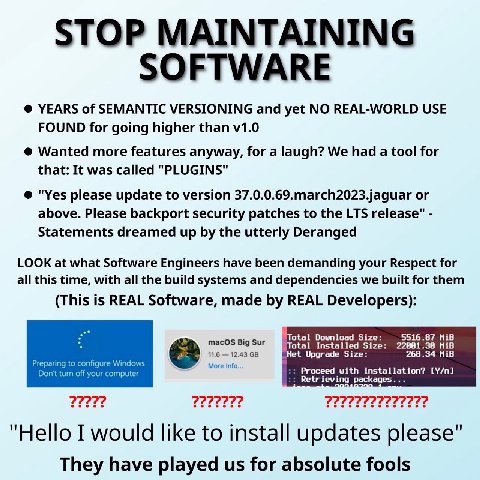 YEARS of SEMANTIC VERSIONING and yet NO REAL-WORLD USE FOUND for going higher than Wanted more features anyway, for a laugh? We had a tool for that: It was called "PLUGINS" "Yes please update to versi