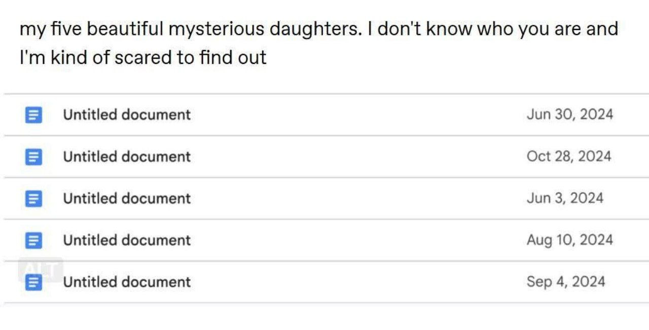 my five beautiful mysterious daughters. don't know who you are and kind of scared to find out Untitled document Jun 30, 2024 Untitled document Oct 28, 2024 Untitled document Jun 3, 2024 Untitled docum
