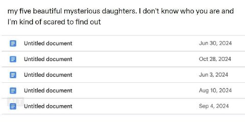 my five beautiful mysterious daughters. don't know who you are and kind of scared to find out Untitled document Jun 30, 2024 Untitled document Oct 28, 2024 Untitled document Jun 3, 2024 Untitled docum