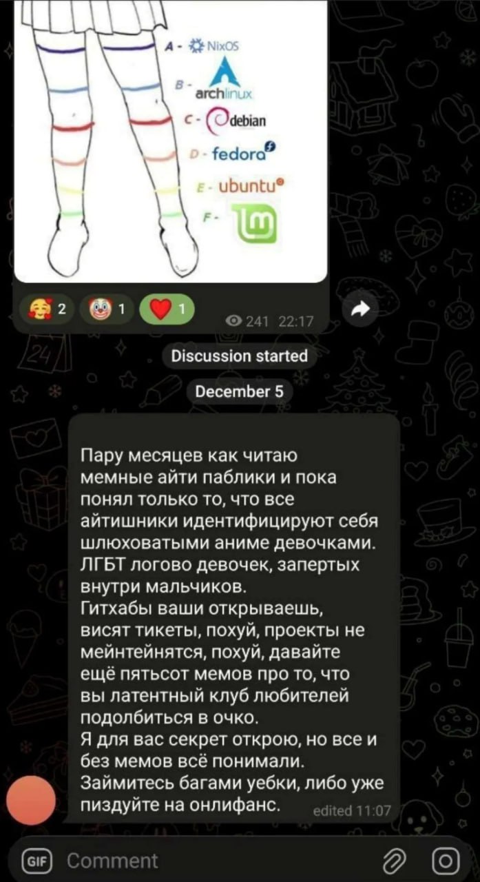 А- 5 А. arch fedora” Discussion started December 5 Пару месяцев как читаю мемные айти паблики и пока понял только то, что все айтишники идентифицируют себя шлюховатыми аниме девочками. ЛГБТ логово дев