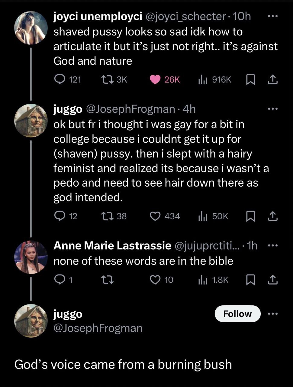 joyci unemployci А shaved pussy looks so sad idk how to articulate it but it’s just not it’s against God and nature a” juggo but fri thought i was gay for a bit in college because i couldnt get it up 