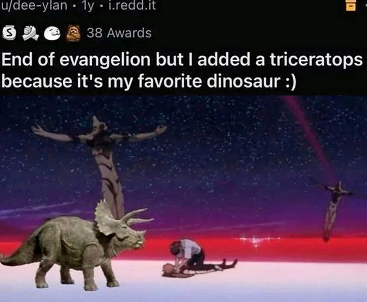 End of evangelion but added а triceratops because it's my favorite dinosaur