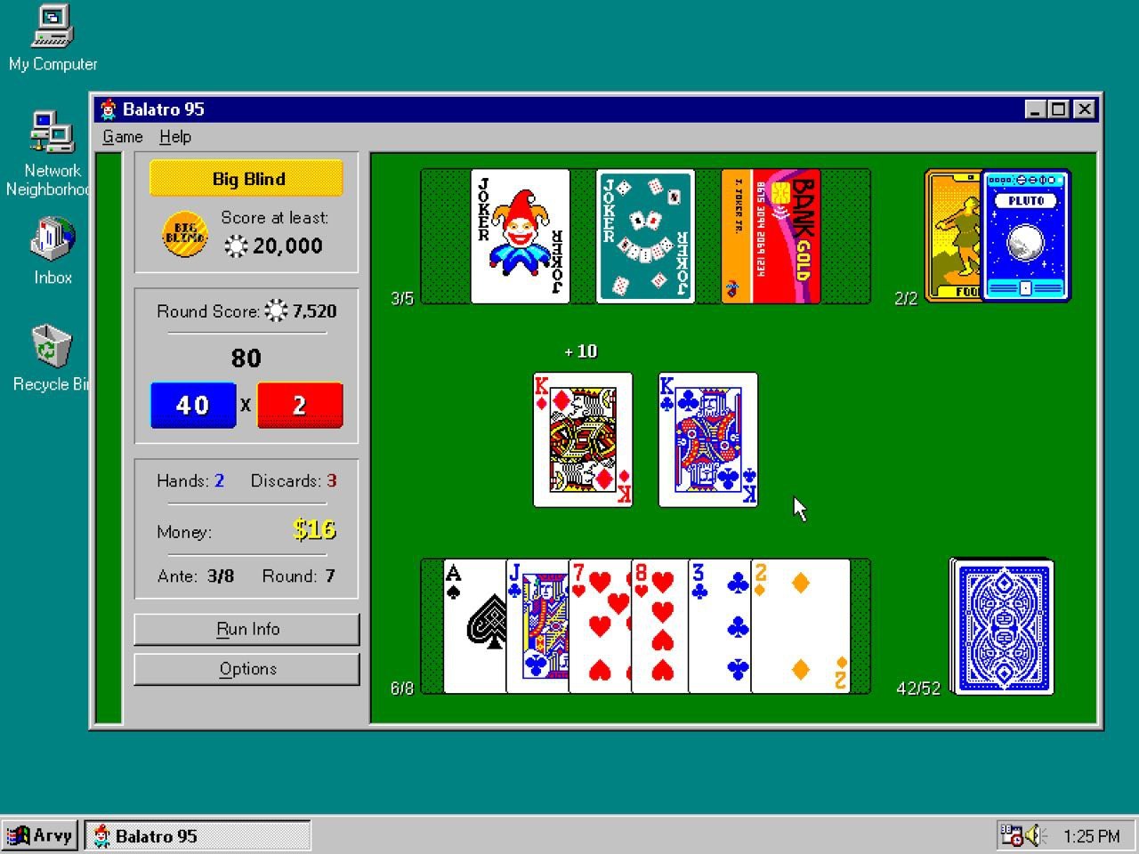 My Computer Game Help Big Blind at least: я Inbox о 315 a Round Score: 7,520 a6 +10 Recycle Bil К Discards: 3 Я Я Money: Ante: Round: 7 А nte: oun Options 6/8 42/52 4 95
