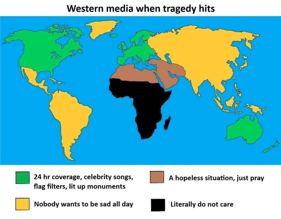 Western media when tragedy hits 4 24 coverage, celebrity songs, A hopeless situation, just pray flag filters, lit up monuments Nobody wants to be sad all day Literally not care