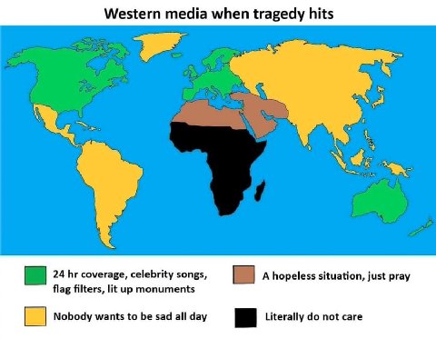 Western media when tragedy hits 4 24 coverage, celebrity songs, A hopeless situation, just pray flag filters, lit up monuments Nobody wants to be sad all day Literally not care