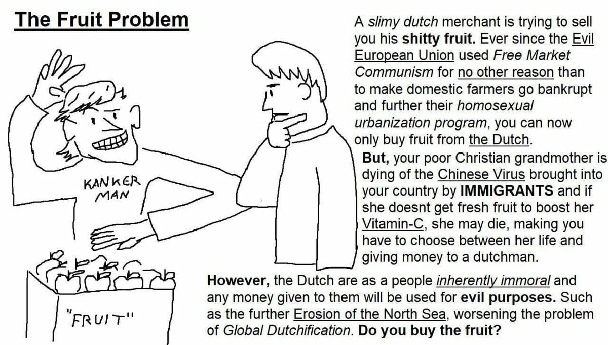 The Fruit Problem A slimy dutch merchant is trying to sell you his shitty fruit. Ever since the Evil European Union used Free Market Communism for no other reason than to make domestic farmers bankrup