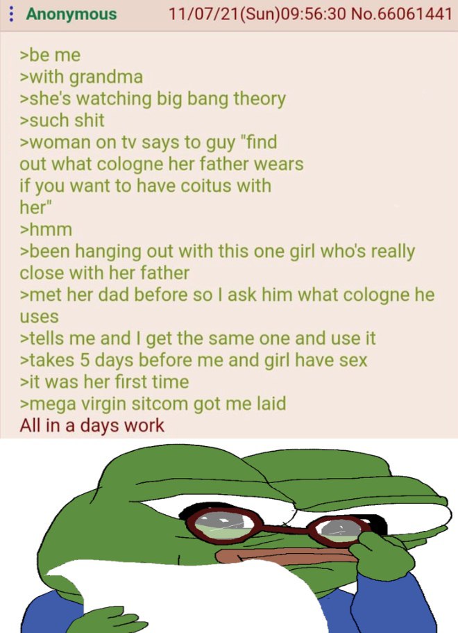 Anonymous 11/07/21(Sun)09:56:30 No.66061441 >be me >with grandma >she's watching big bang theory >such shit >woman on says to guy “find out what cologne her father wears if you want to have coitus wit