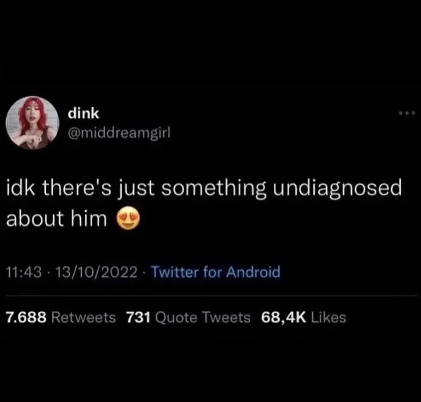 dink @middreamgir| idk there's just something undiagnosed about him 11:43 13/10/2022 Twitter for Android 7.688 Retweets 731 Quote Tweets Likes