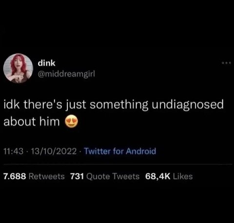 dink @middreamgir| idk there's just something undiagnosed about him 11:43 13/10/2022 Twitter for Android 7.688 Retweets 731 Quote Tweets Likes