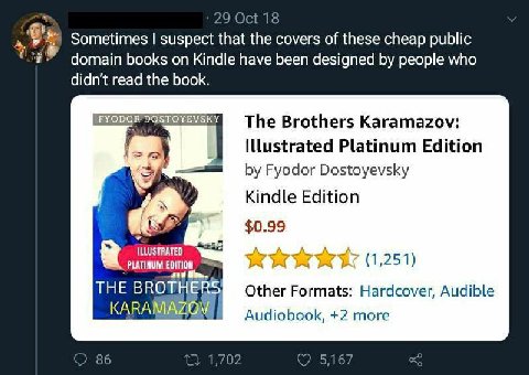 Oct 18 Sometimes suspect that the covers of these cheap public domain books on Kindle have been designed people who didn't read the book ODOR EVSKY The Brothers Karamazov: Illustrated Platinum Edition
