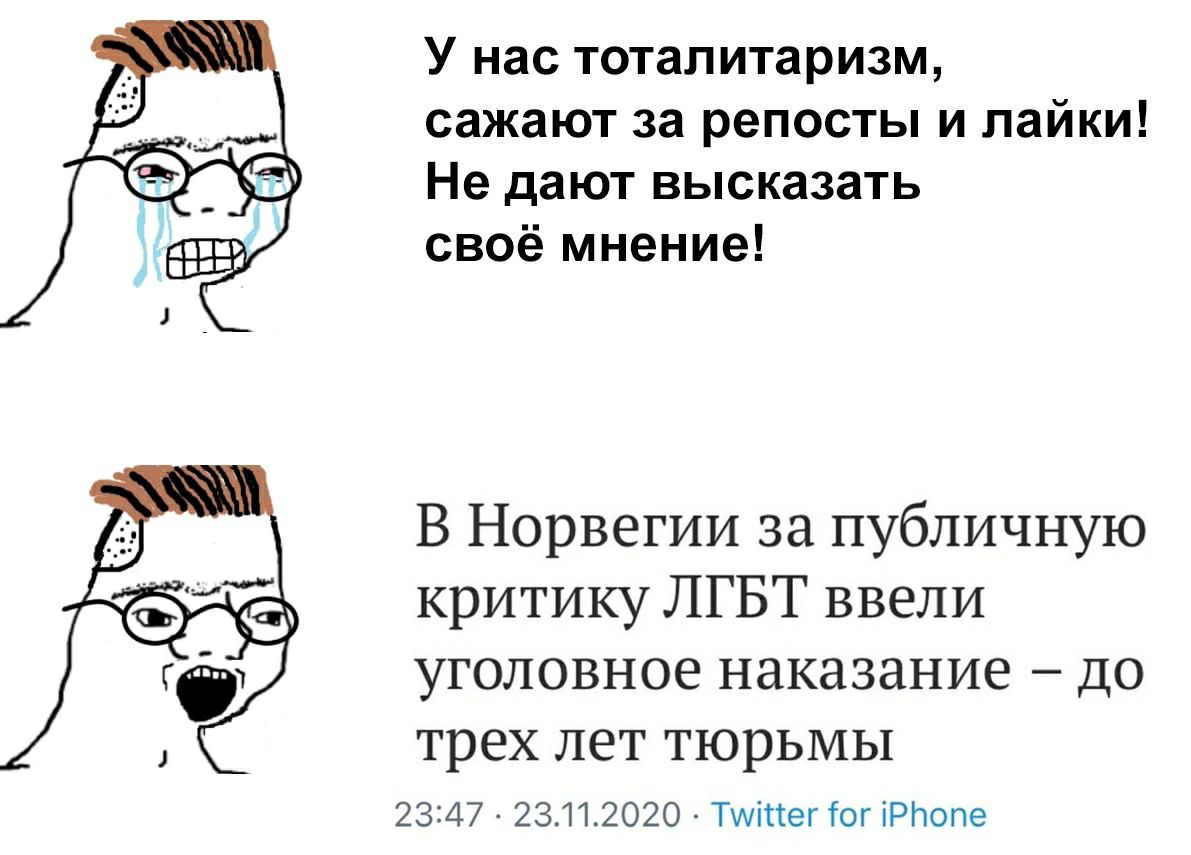 У нас тоталитаризм, сажают за репосты и лайки! Не дают высказать своё мнение! В Норвегии за публичную критику ЛГБТ ввели уголовное наказание до трех лет тюрьмы 23:47 23.11.2020 Twitter for iPhone