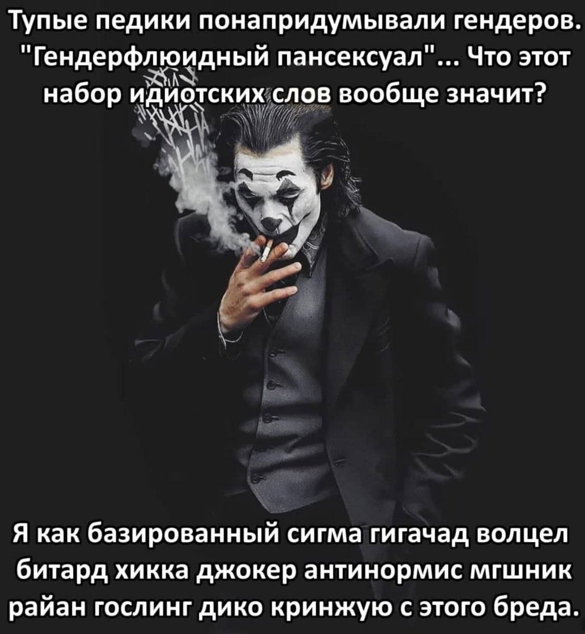 Тупые педики понапридумывали гендеров. "Гендерфлюидный пансексуал"... Что этот набор идиотских слов вообще значит? Я как базированный сигма гигачад волцел битард хикка джокер антинормис мгшник райан г