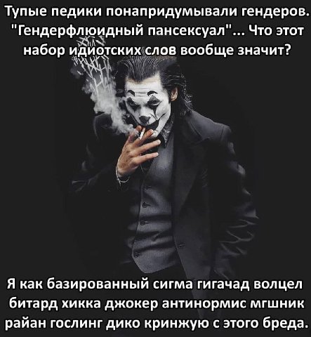 Тупые педики понапридумывали гендеров. "Гендерфлюидный пансексуал"... Что этот набор идиотских слов вообще значит? Я как базированный сигма гигачад волцел битард хикка джокер антинормис мгшник райан г