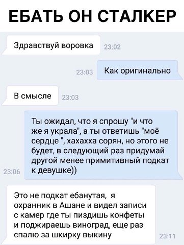ЕБАТЬ ОН СТАЛКЕР Здравствуй воровка Как оригинально В смысле Ты ожидал, что я спрошу "и что жея украла", а ты ответишь "моё сердце хахахха сорян, но этого не будет, в следующий раз придумай другой мен