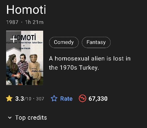 Homoti 1987 Kutman Bahar Ozt от Comedy Fantasy Erbulak A homosexual alien is lost in the Turkey. in 3.3/10-307 35 Rate 67,330 Top credits