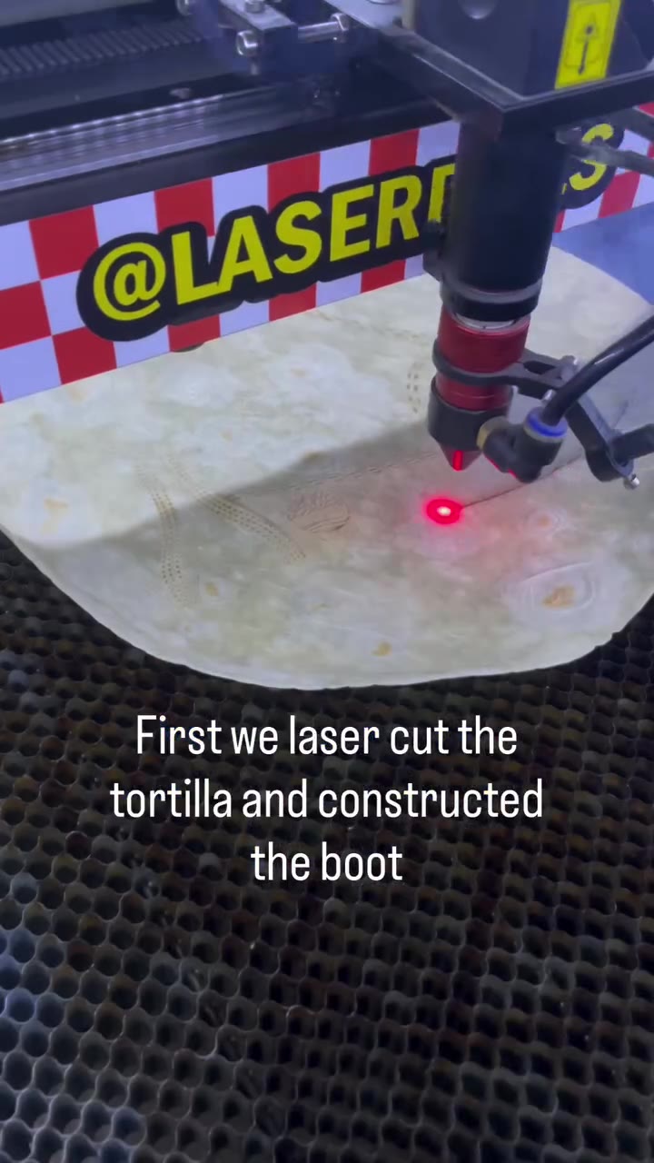 First we laser cut the tortilla and constructed —— together nicely al Cheese will hold everything