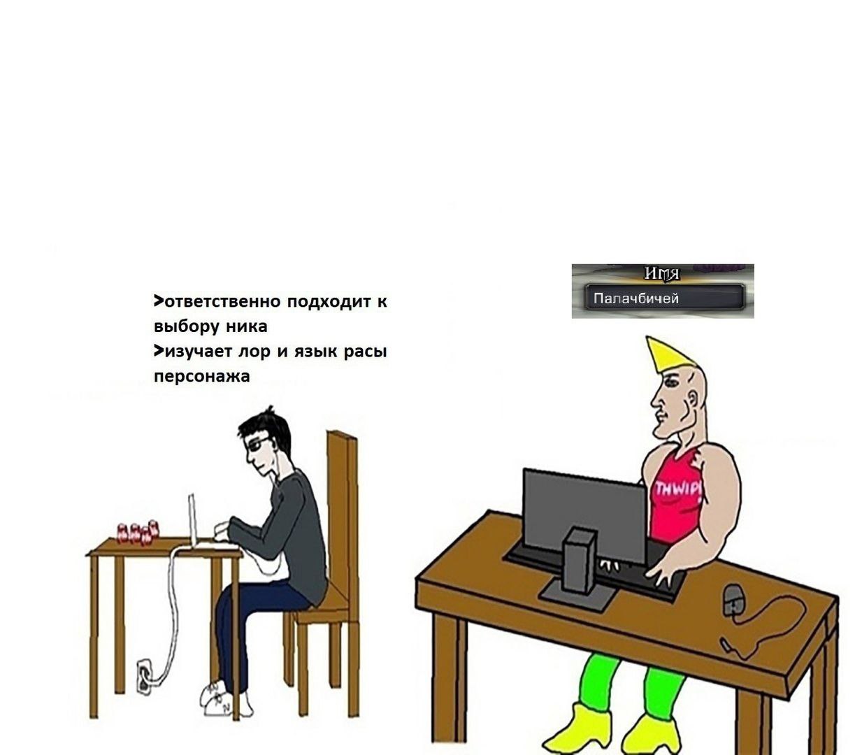 >ответственно подходит к Палач чей выбору ника >изучает лор и язык расы персонажа