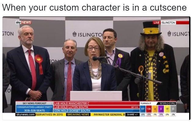 When your custom character is in a cutscene ЦУЕ ISLINGTON ISLINGTOL ISLING 4 SKY NEWS FORECAST LAB HOLD LUTON SOUTH LAB HOLO MANCHESTER С CON HOLD DORSET SOUTH VATIVES IN 2015 BREAKING NEW PAYMASTER G