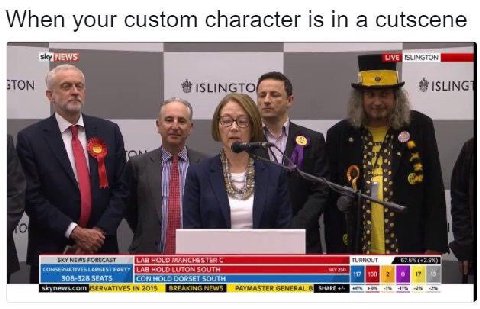 When your custom character is in a cutscene ЦУЕ ISLINGTON ISLINGTOL ISLING 4 SKY NEWS FORECAST LAB HOLD LUTON SOUTH LAB HOLO MANCHESTER С CON HOLD DORSET SOUTH VATIVES IN 2015 BREAKING NEW PAYMASTER G