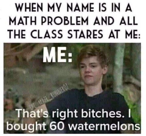 WHEN MY МАМЕ IS IN А MATH PROBLEM AND ALL THE CLASS STARES AT ME: That's right bitches. bought 60 watermelons