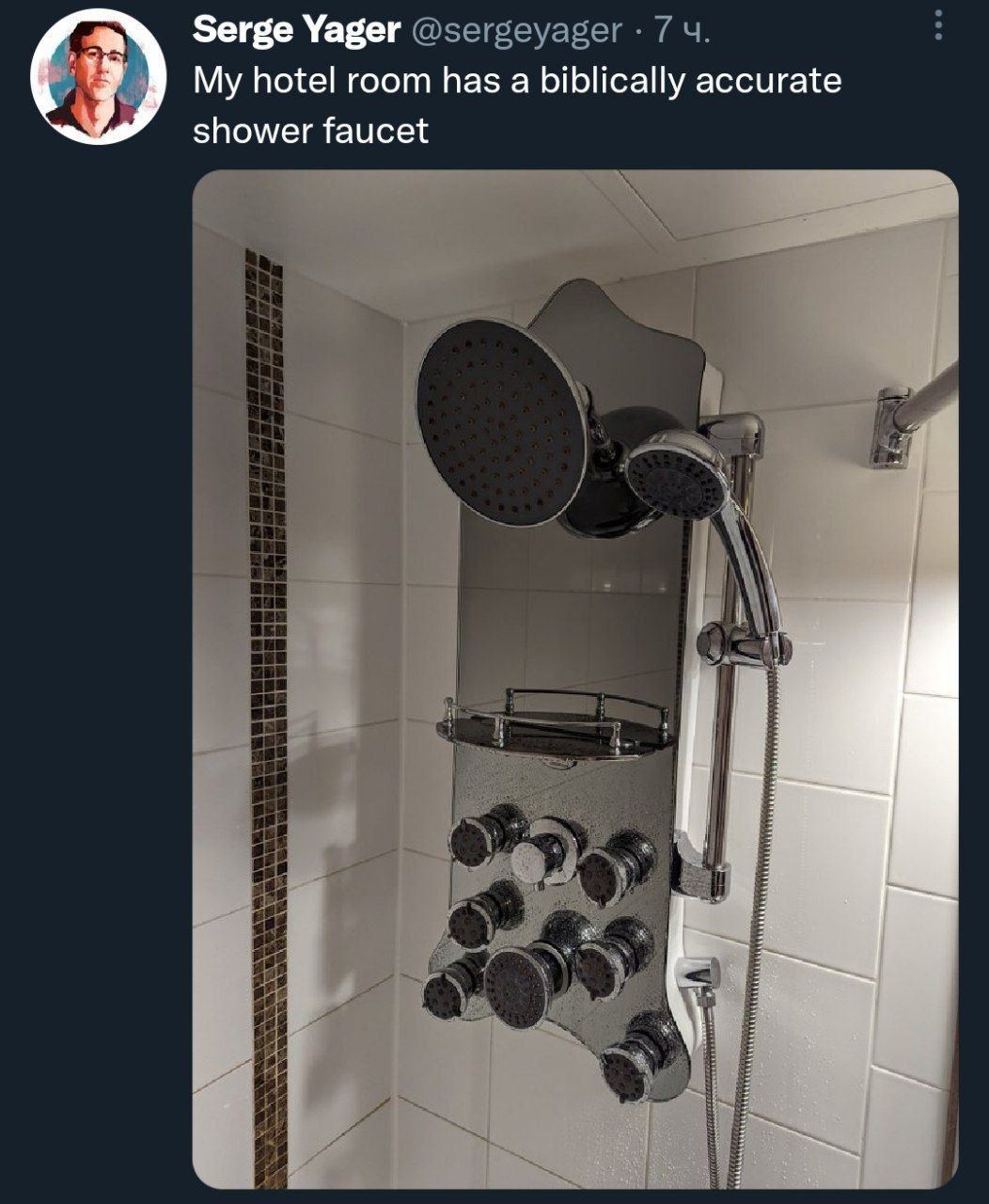 Serge Yager My hotel room has а biblically accurate shower faucet