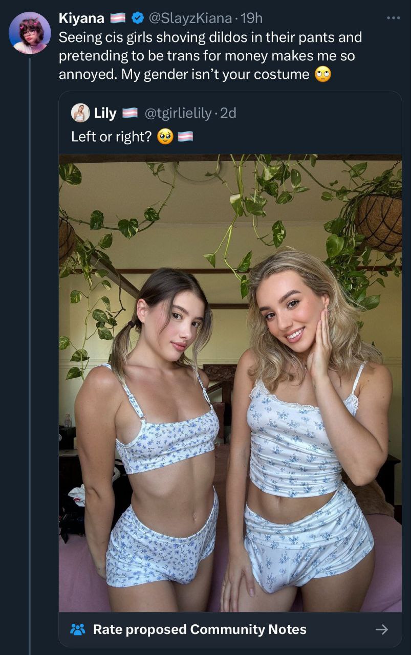 Круапа Seeing cis girls shoving dildos in their pants and pretending to be trans for money makes me so annoyed. My gender isn’t your costume Lily Left or right? a 6 38. у* Rate proposed Community Note