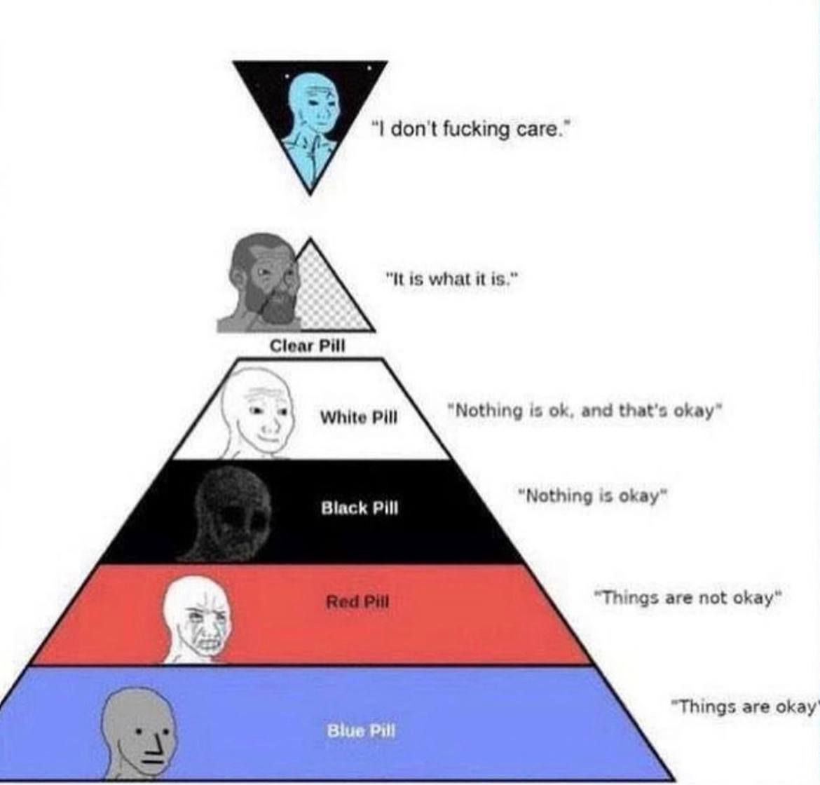 don't fucking care.” "itis what it is.” Clear Pill “Nothing is and that's okay” Black Pill “Nothing is okay” “Things are not okay” "Things are okay Biue Pill