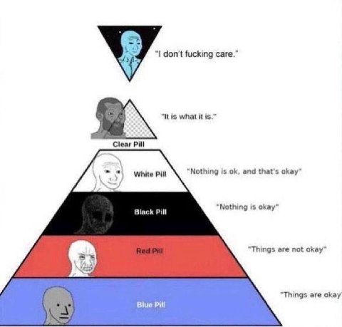 don't fucking care.” "itis what it is.” Clear Pill “Nothing is and that's okay” Black Pill “Nothing is okay” “Things are not okay” "Things are okay Biue Pill