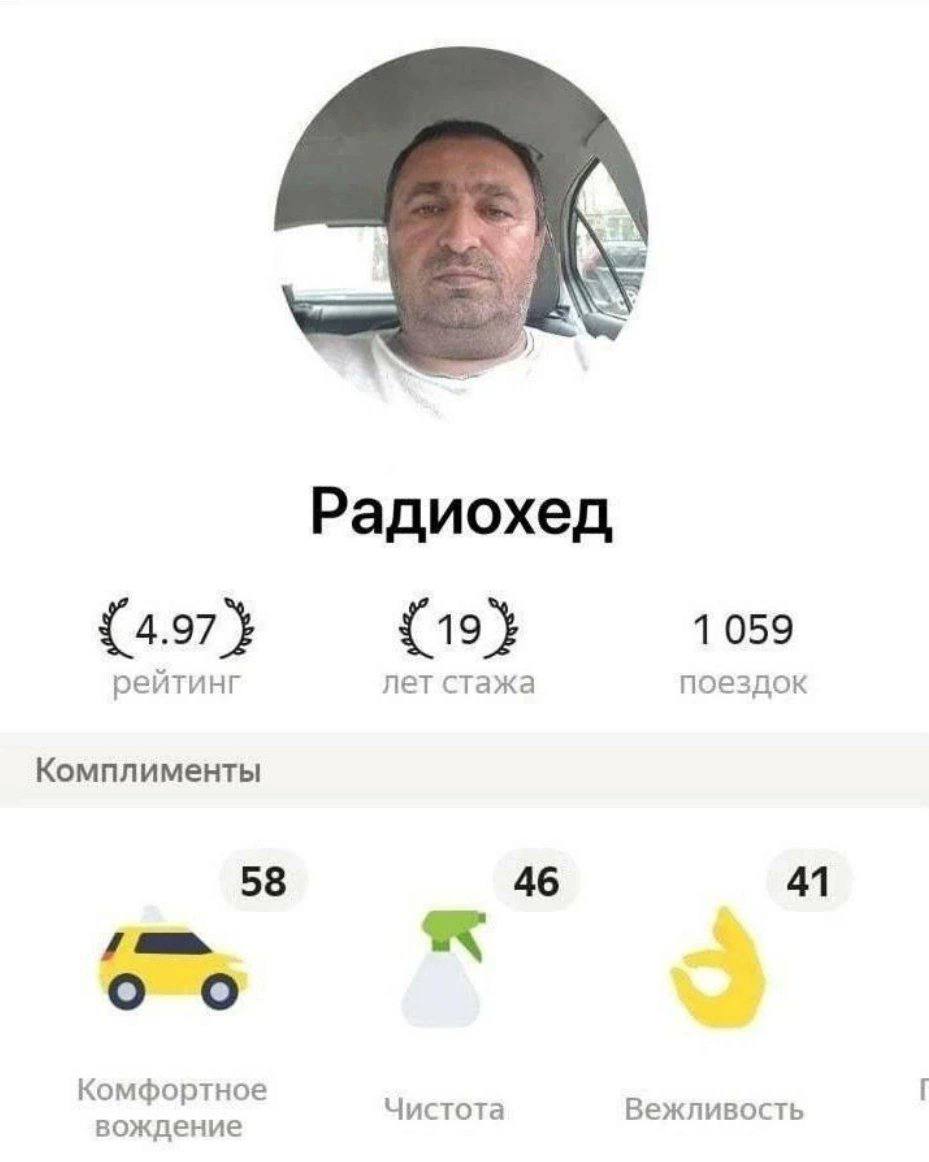 К Радиохед 1059 {4.97} {19 рейтинг лет стажа поездок Комплименты 58 46 41 i Комфортное Чистота Вежливость вождение