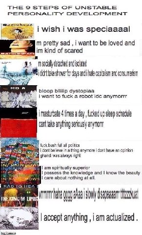 THE STEPS OF UNSTABLE PERSONALITY DEVELOPMENT i wish i was speciaaaal pretty sad i want to be loved and к kind of scared socially detached and bloop biliiip dystopiaa i want to fuck a robot idc anymor