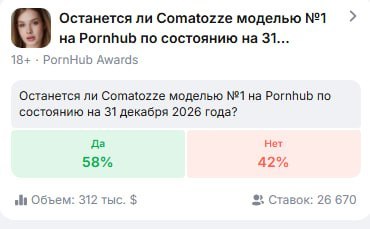 Останется ли Comatozze моделью №1 на Pornhub по состоянию на 31... 18+ PornHub Awards Останется ли Comatozze моделью №1 Pornhub по состоянию на 31 декабря 2026 года? Да Нет 58% 42% slag Объем: 312 тыс