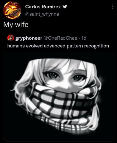 Carlos Ramirez @saint_whynne My wife gryphoneer @OneRadChee humans evolved advanced pattern recognition у