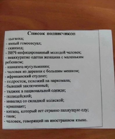 Список подписчиков цыганка; явный гомосесуал; скинхед; ВИЧ-инфицированный молодой человек; неаккуратно одетая женщина с маленьким ребенком; кавказец-мусульманин; человек из деревни с большим мешком; а