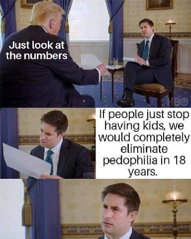 Justlookat the numbers If people just stop having kids, we 4 would completely eliminate pedophilia in 18 years. 4 A