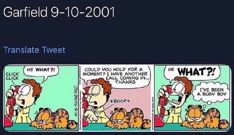 Garfield 9-10-2001 Translate Tweet COULD YOU HOLD FOR A WHAT CLICK MOMENT? I HAVE ANOTHER CALL COMING IN... THANKS BOOP iN] 7%