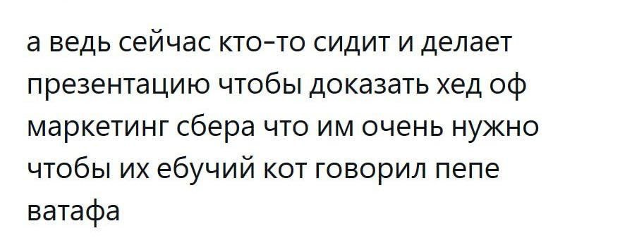 а ведь сейчас кто-то сидит и делает презентацию чтобы доказать хед маркетинг сбера что очень нужно чтобы ебучии кот говорил пепе ватафа