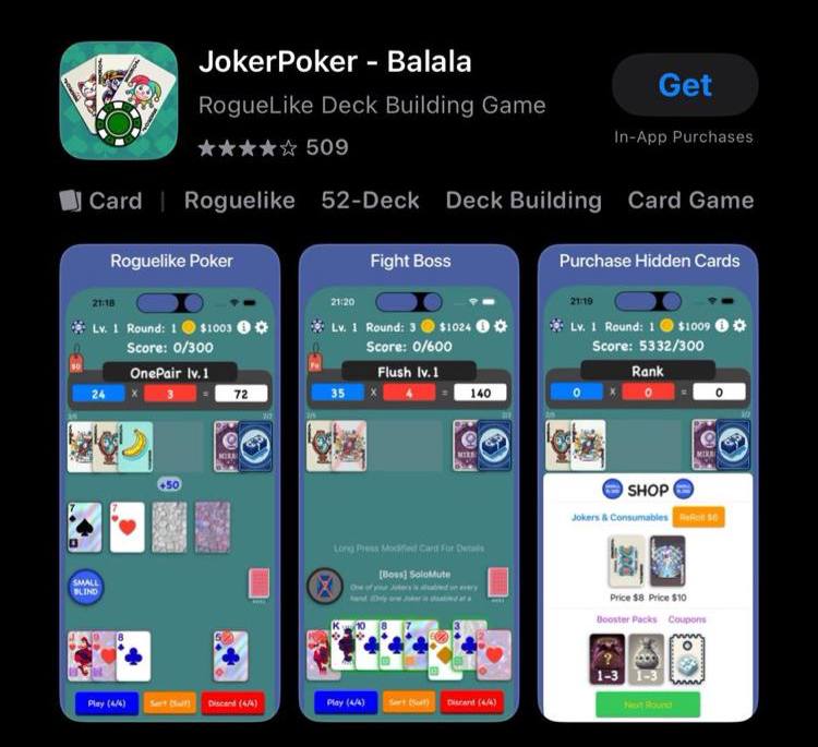 JokerPoker Balala Get ~RogueLike Deck Building Game 509 In-App Purchases Сага Roguelike 52-Deck Deck Building Card Game OnePair 1 Flush Rank fem