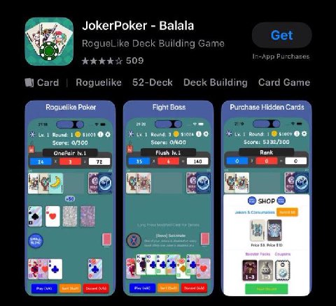 JokerPoker Balala Get ~RogueLike Deck Building Game 509 In-App Purchases Сага Roguelike 52-Deck Deck Building Card Game OnePair 1 Flush Rank fem