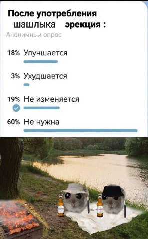 После употребления шашлыка эрекция: 18% Улучшается 3% Ухудшается 19% Не изменяется 60% Не нужна ape.