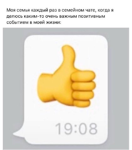 Моя семья каждый раз в семейном чате, когда я делюсь каким-то очень важным позитивным событием в моей жизни: 19:08