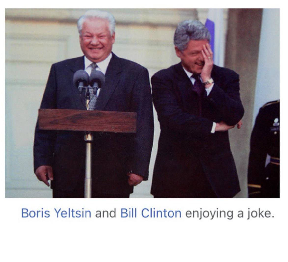 Boris Yeltsin and Bill Clinton enjoying a joke.