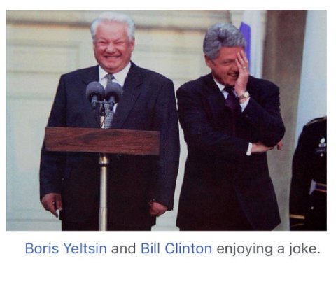 Boris Yeltsin and Bill Clinton enjoying a joke.