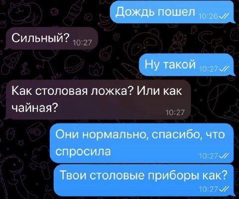 Дождь пошел Сильный? Ну такой Как столовая ложка? Или как чайная? Они нормально, спасибо, что спросила Твои столовые приборы как?